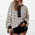 Women's V-neck Contrast-color Striped Loose-fit Long-sleeve
