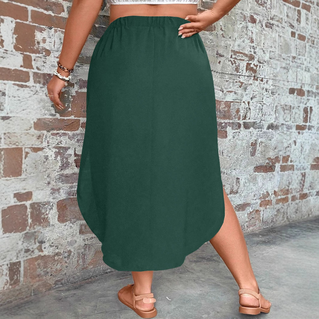 Plus-size Womens Solid-color Slim-fit Tie-front Split Skirt