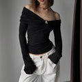 American-style Spicy Girl Design Off-shoulder Irregular Long-sleeve Tight Top