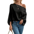 Women's Off-Shoulder Slanted Neckline Bell Sleeve Casual Solid Color Loose Top