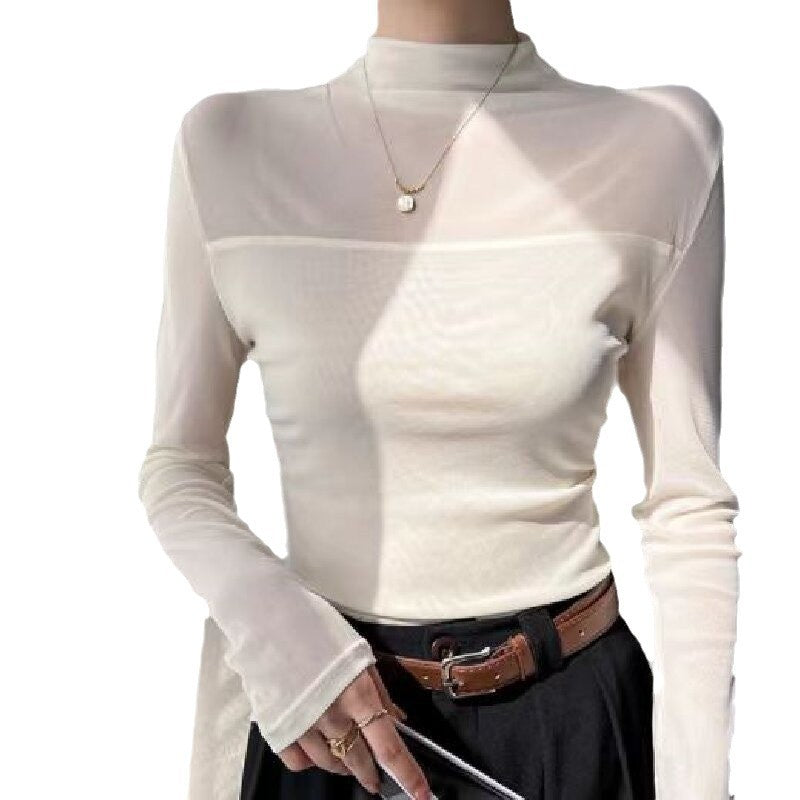 Women's Solid Color Semi-High Neck Lace Base Shirt