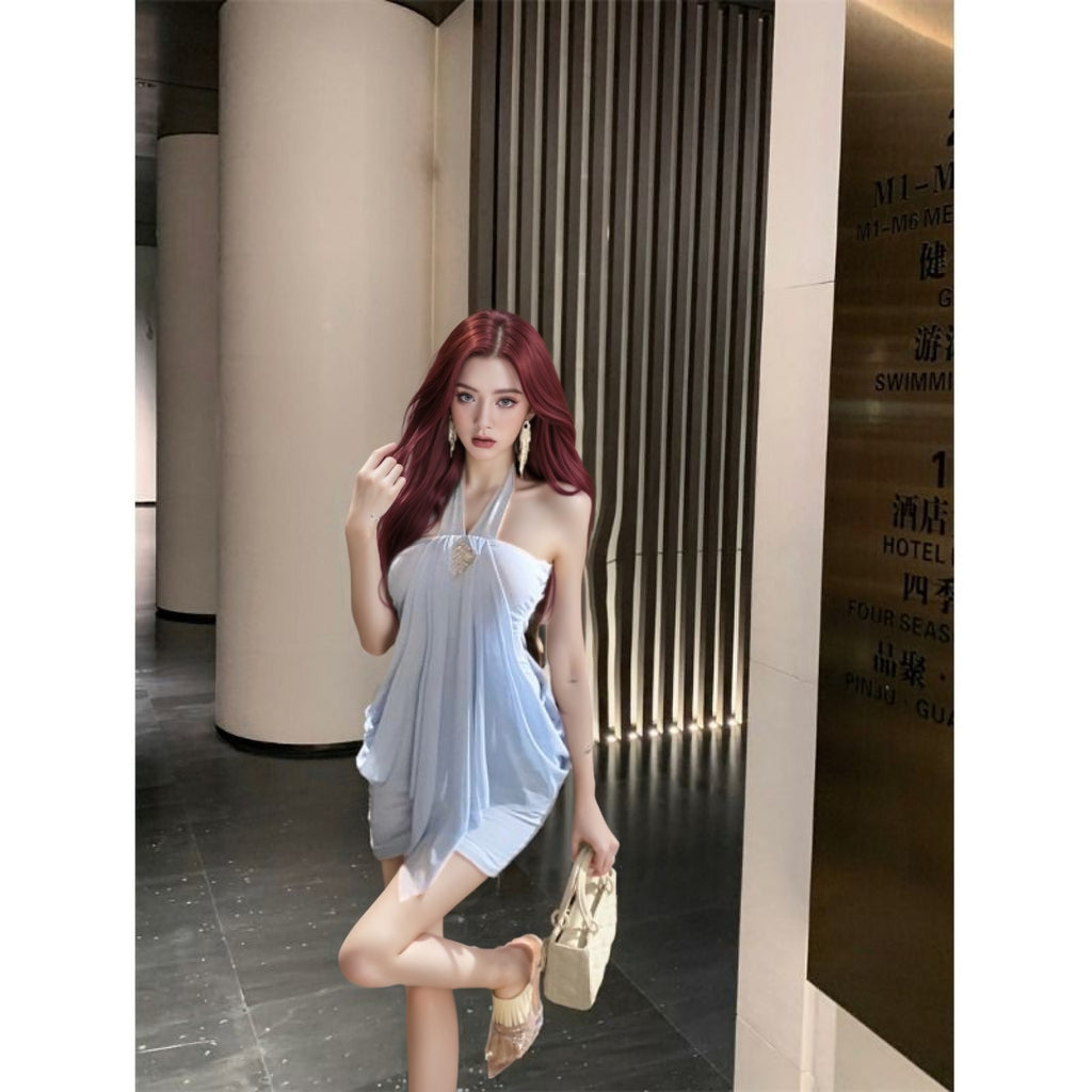 Womens Sexy Halterneck Backless Waist-Cinching Dress