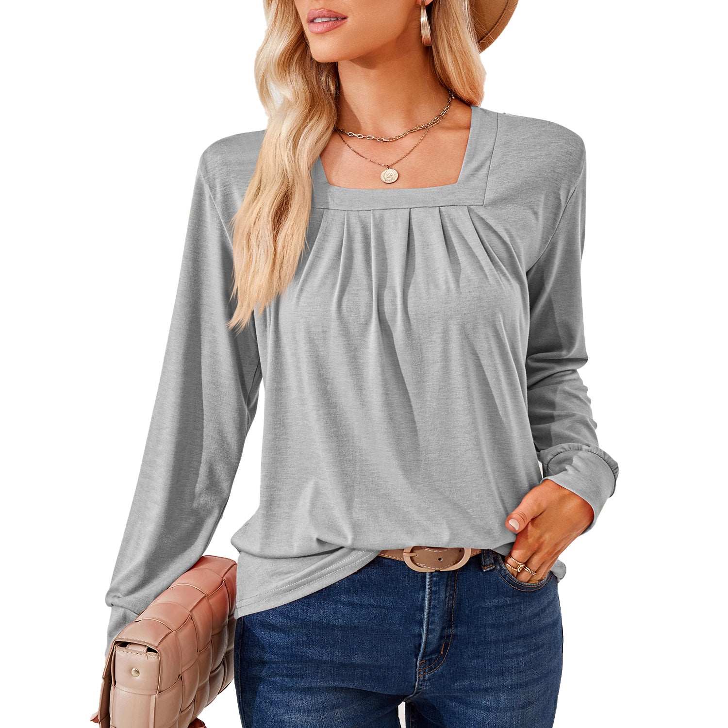 Loose-fitting T-shirt With A Square Neckline Pleats And Long Sleeves