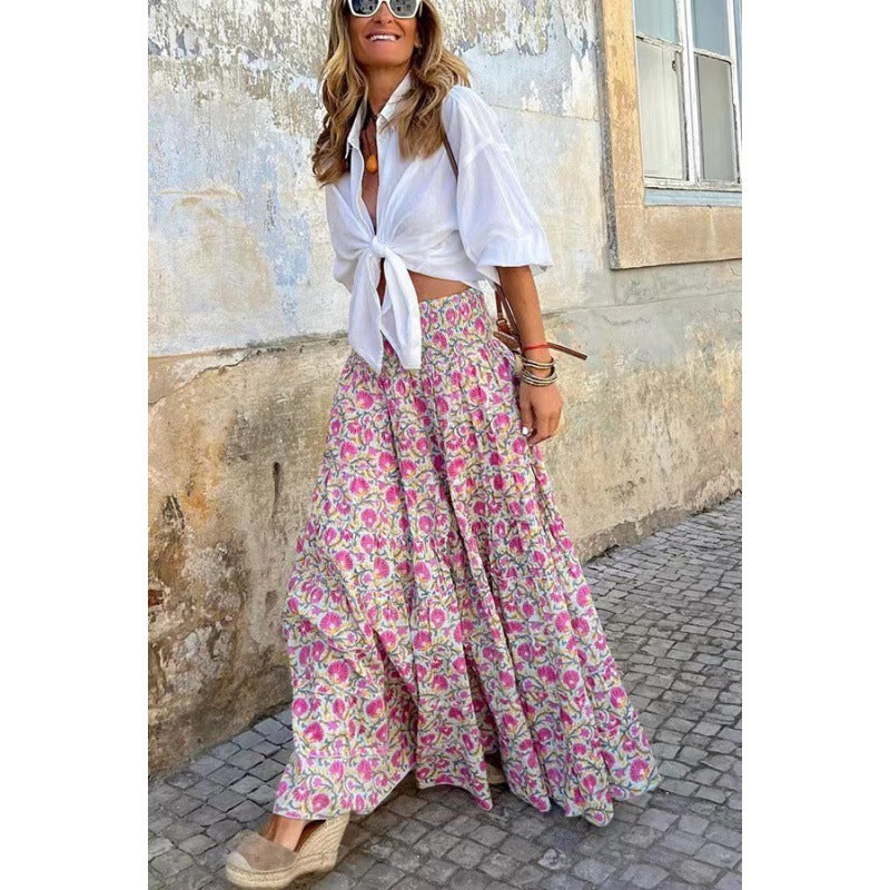 Womens Creative Loose Print Long Swing Skirt
