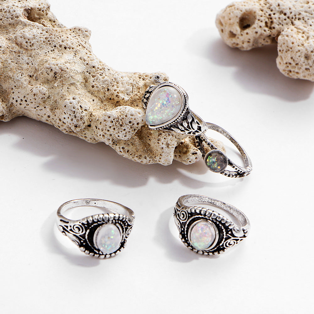Vintage 8Pcs/Set Colorful Stone Metalic Rings