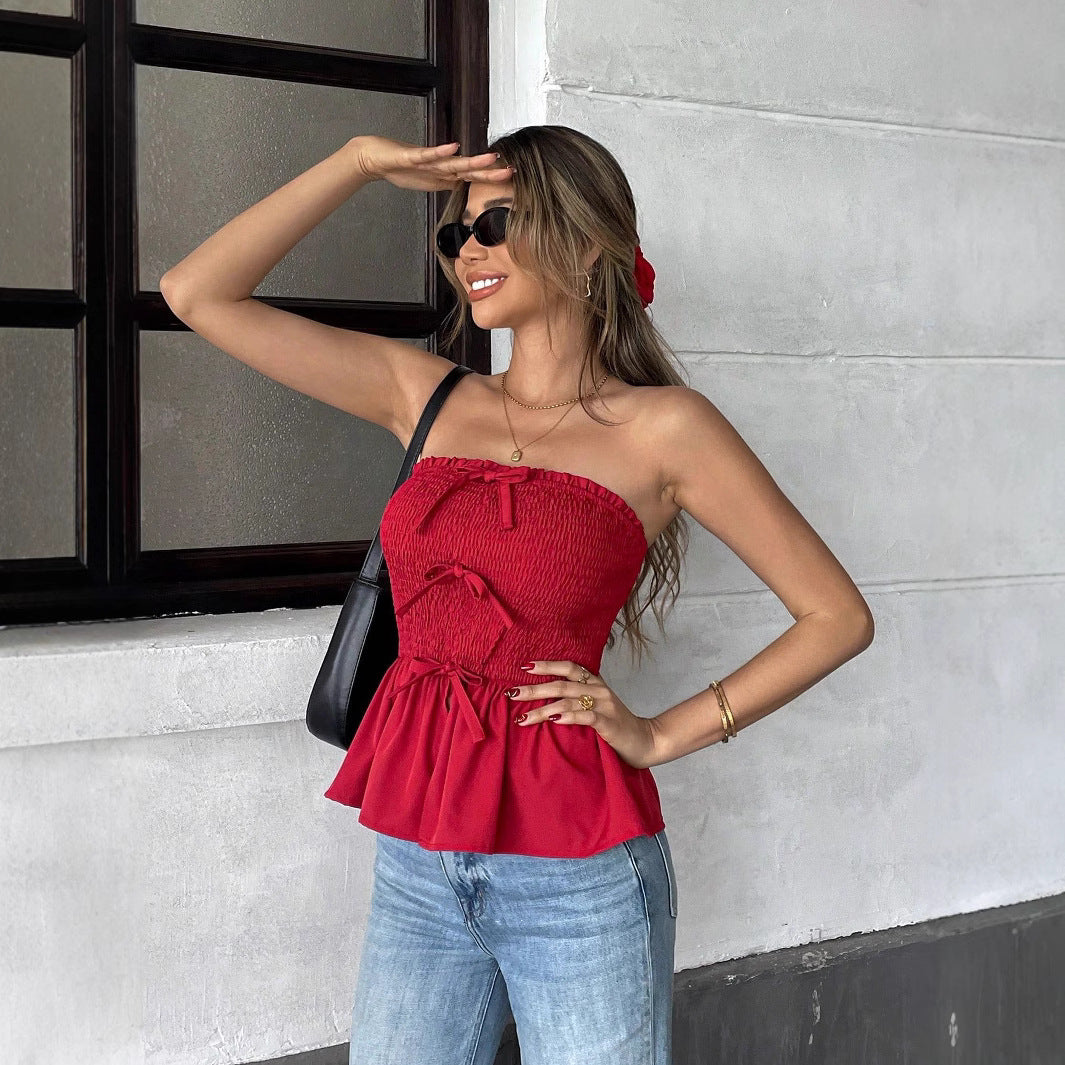 New Pleated Bandeau Bow-tie Short Slim And Stylish Red Top