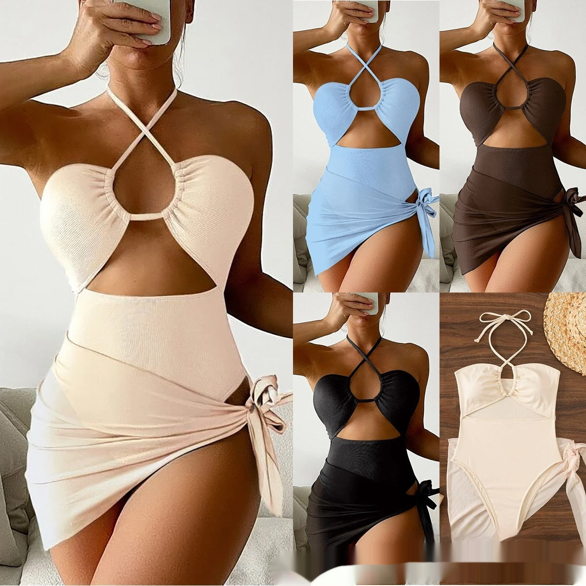 Multicolor Bikini Mesh Skirt Three Piece Womens Swimsuit