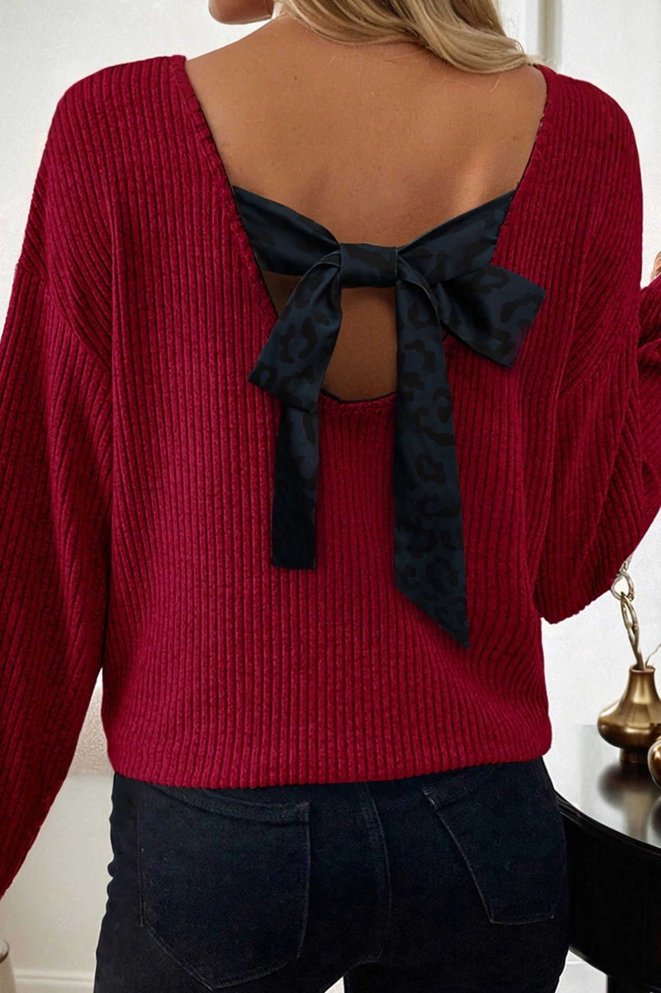 Contrast-color Satin Ribbon Bow Backless Drop-shoulder Long-sleeve Top
