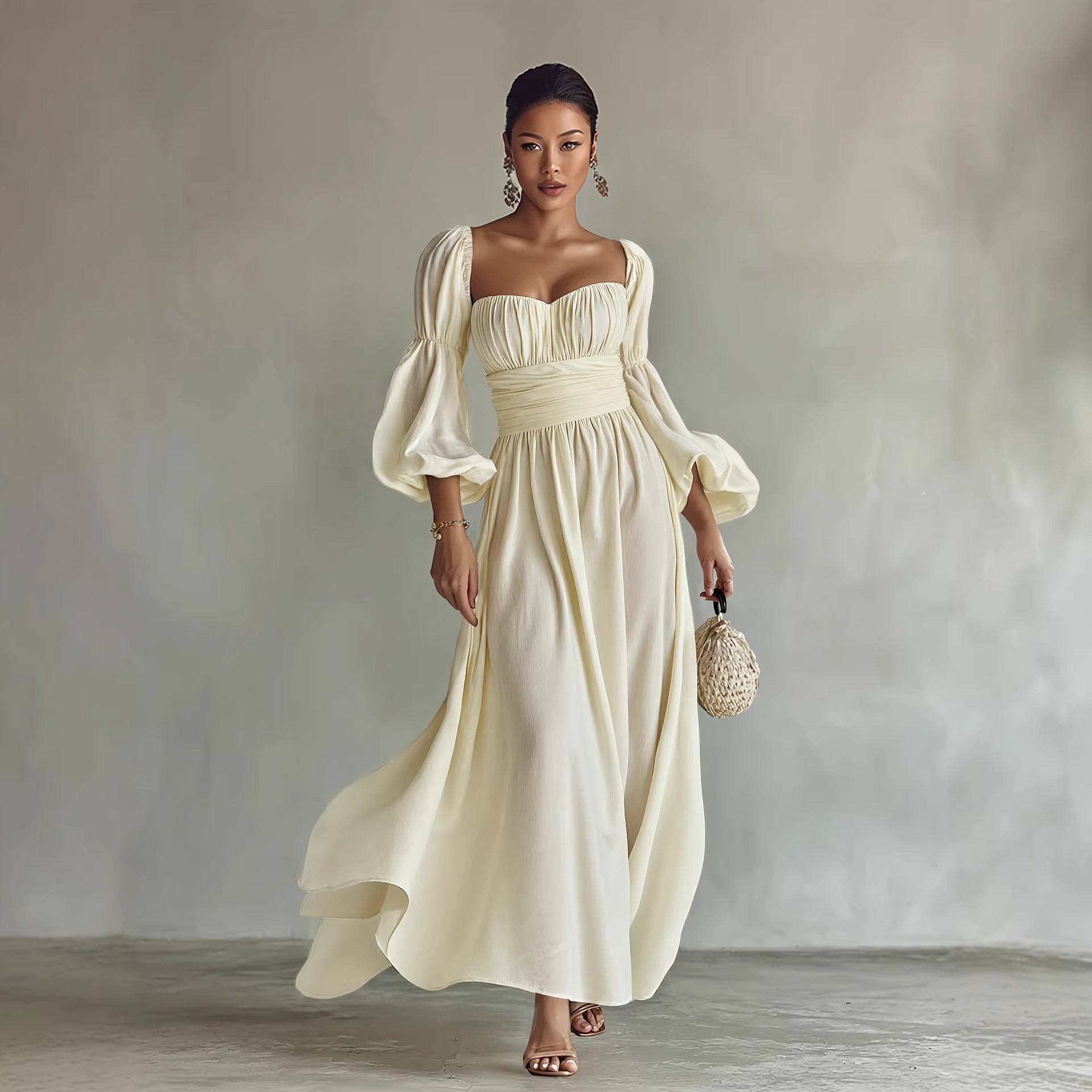 Puff Sleeves Ruched Waist Gothic Dress
