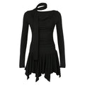 French-style Off-shoulder Pleated Halter-neck Long-sleeve Dress