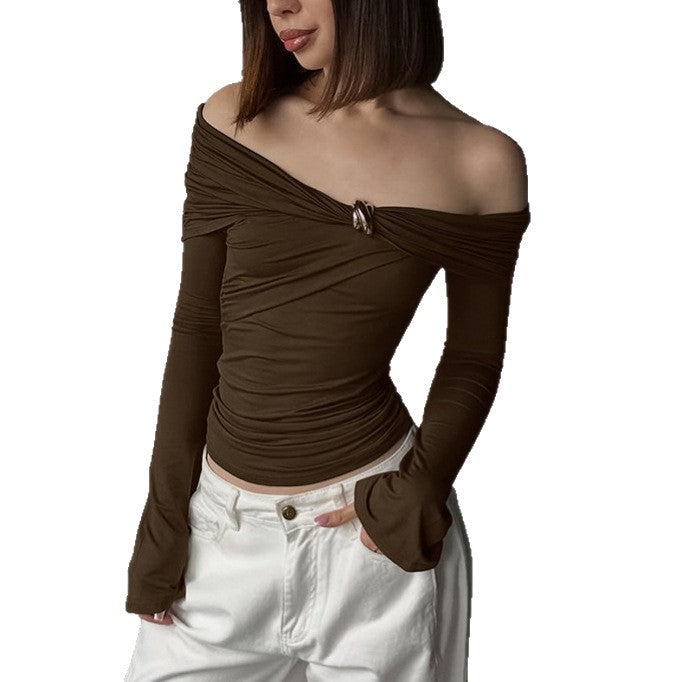 American-style Spicy Girl Design Off-shoulder Irregular Long-sleeve Tight Top