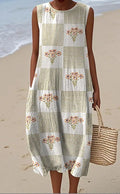 Pocketed Crew-neck Dress With Geometric And Floral Elements