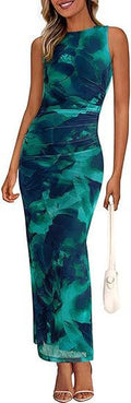 Womens Crew-Neck Pleated Floral Sheer Sleeveless Mesh Dress