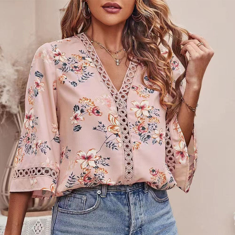 Loose V-neck Elegant Commuting Bell-sleeve Lace Top
