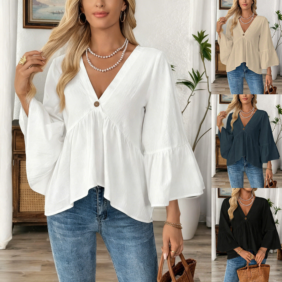 Women's Solid-Color V-Neck Top With Ruffle Sleeves
