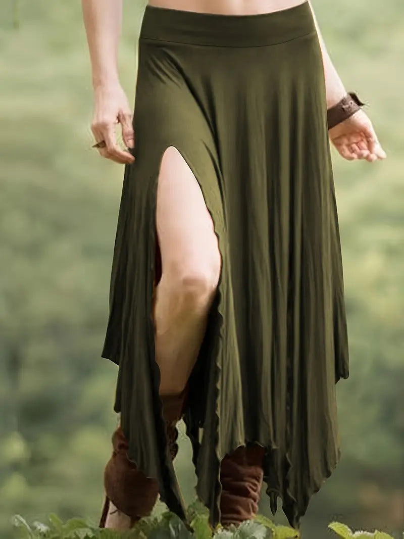 Womens Solid-Color Irregular Elastic-Waist Skirt