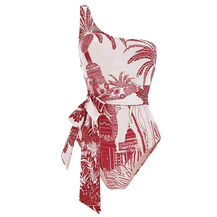 Womens One-Shoulder Strapped Swimsuit Set With Coconut Tree Print