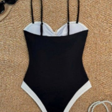 Womens Patchwork Solid-Color One-Piece Bikini Swimsuit