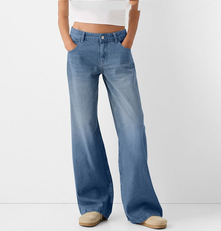 Womens Relaxed Wide-leg Denim Jeans In Solid Colorscasual And Versatile