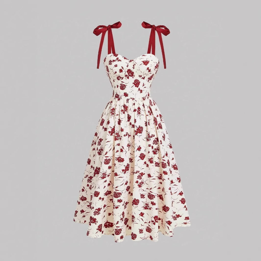 Elegant Lace-Up Shoulder With Floral Print Waist-Cinching Design Vacation-Ready Chic Casual Slip Dress