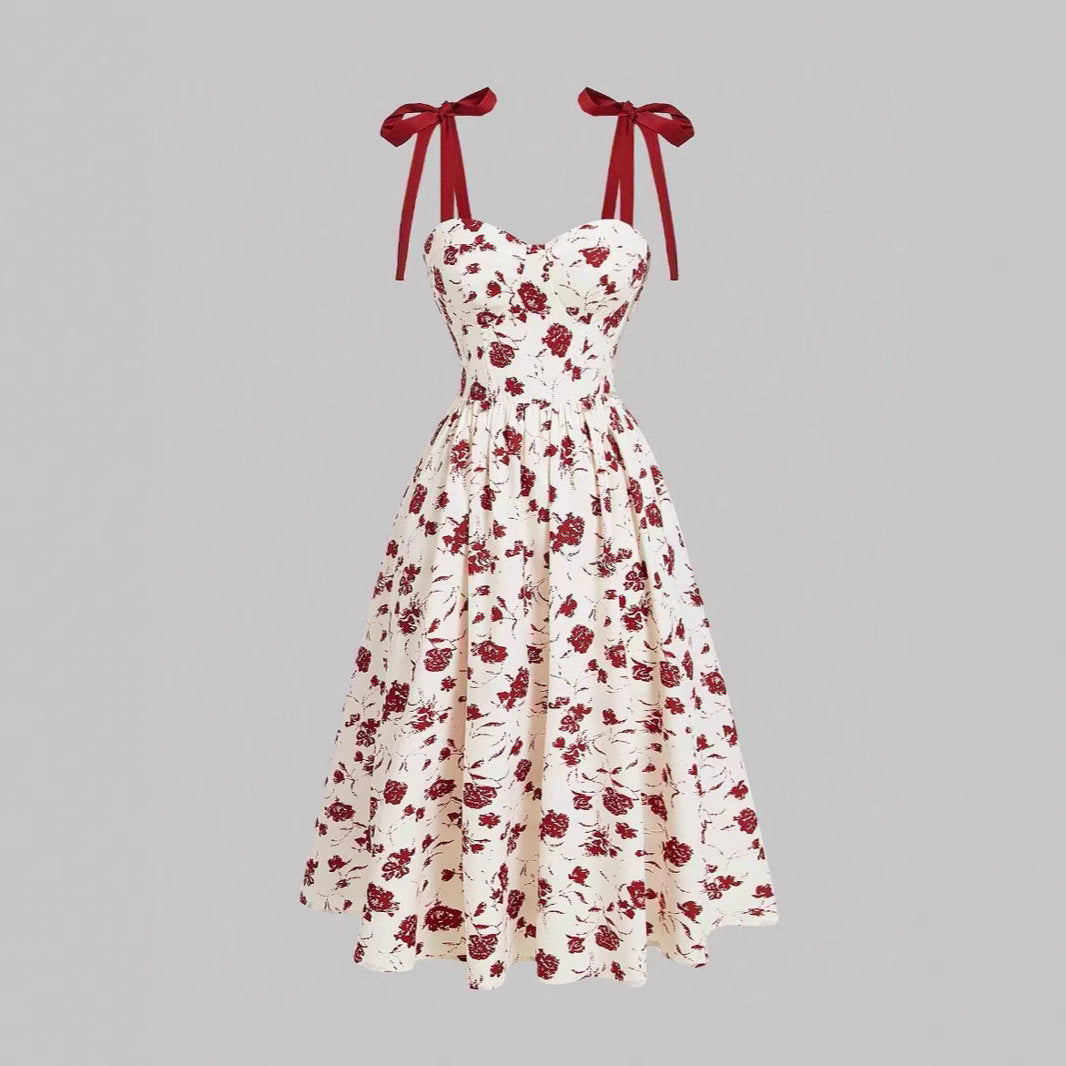 Elegant Lace-Up Shoulder With Floral Print Waist-Cinching Design Vacation-Ready Chic Casual Slip Dress