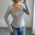 Fitted-waist Ribbed Brushed Fabric Square-neck Long-sleeve Knit Top