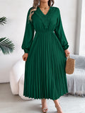 Women's Elegant V Neck Lace Tie Waist Pleated Maxi Dress