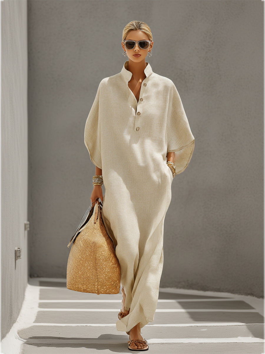 Womens Stand Collar Button-Down Loose Straight Long Dress