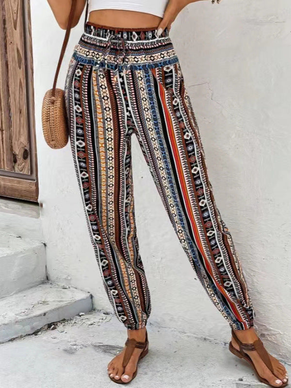 Loose Tampered Printed Drawstring Floral Print Casual Pants With Pockets