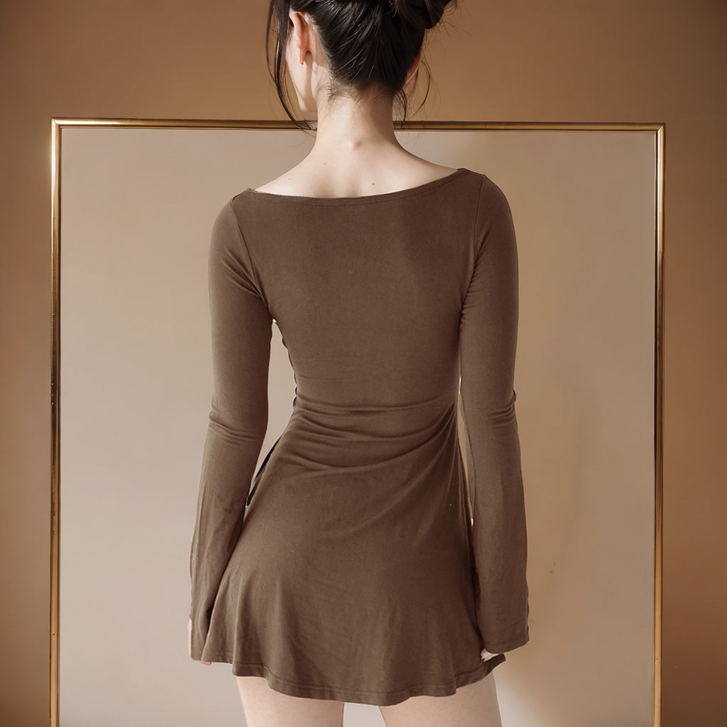 Solid-color Fashionable Crew-neck Long-sleeve Slim-fit Hip-hugging Mini Dress