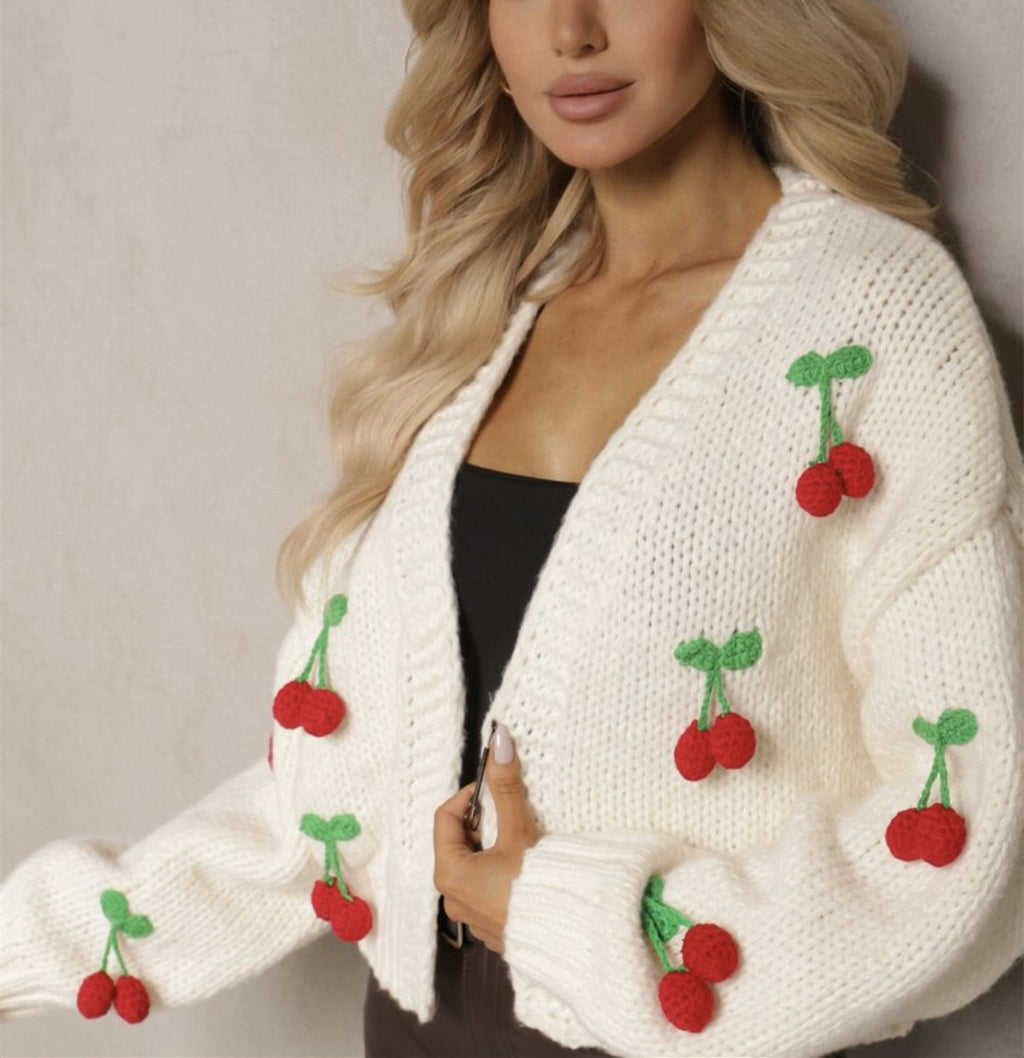 3D Cherry Pattern Women's Elegant Cardigan Sweater