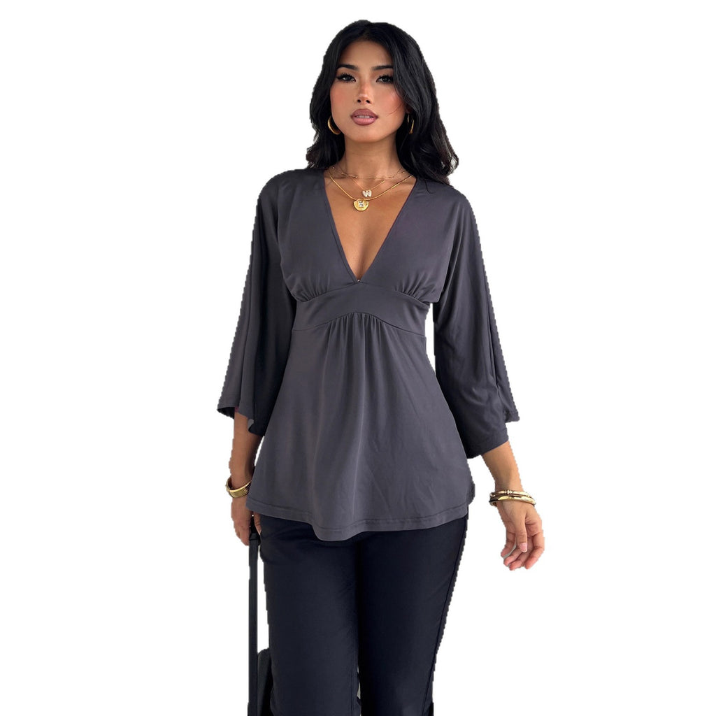 Sexy Deep V-neck Trumpet Mid-length Sleeve Top For Women