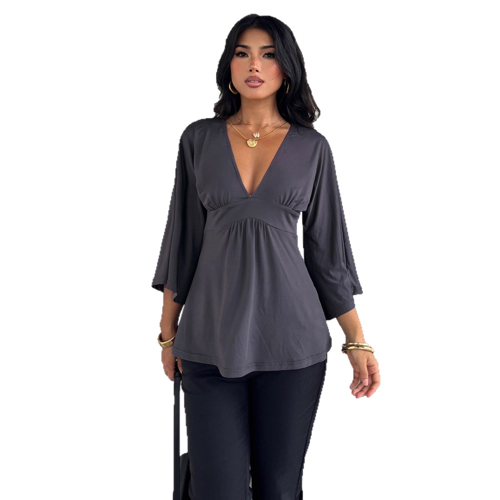 Sexy Deep V-neck Trumpet Mid-length Sleeve Top For Women