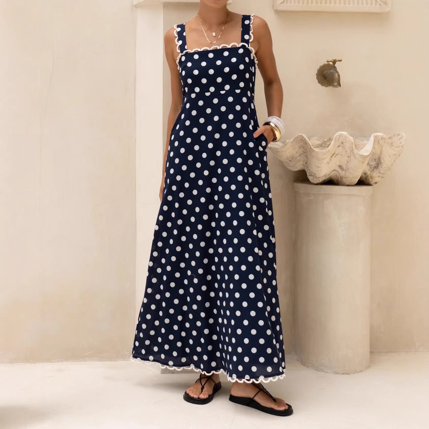 Polka-dot Print A-line Dress With Lace Trim
