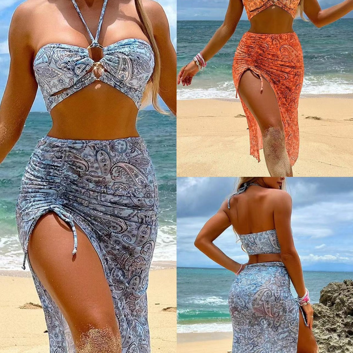 Womens 3-piece Mesh Split-print Swimsuit