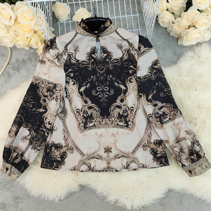Women's Printed Long Sleeve Round Neck Slim Fit Top