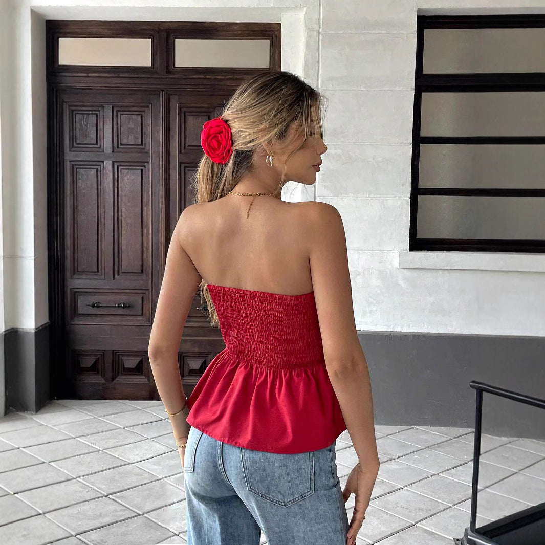 New Pleated Bandeau Bow-tie Short Slim And Stylish Red Top
