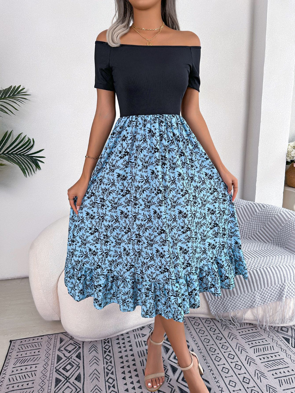Women  Casual Off Shoulder Floral Print Ruffle Midi Dress