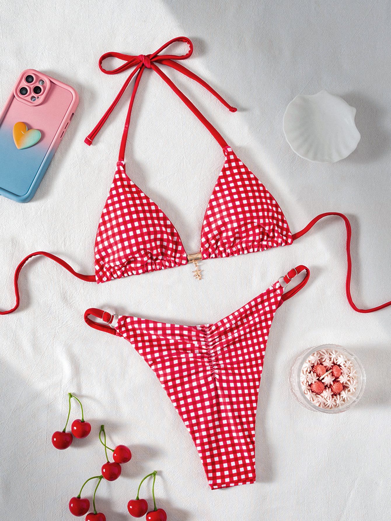 Womens Printed Pendant Triangle-Cup Bikini Swimsuit Set