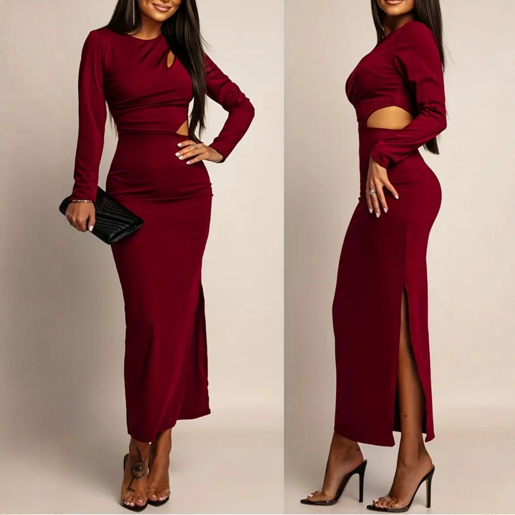 Sexy Crew-Neck Hollow-Out Long-Sleeve Sheath Dress With Side Slit