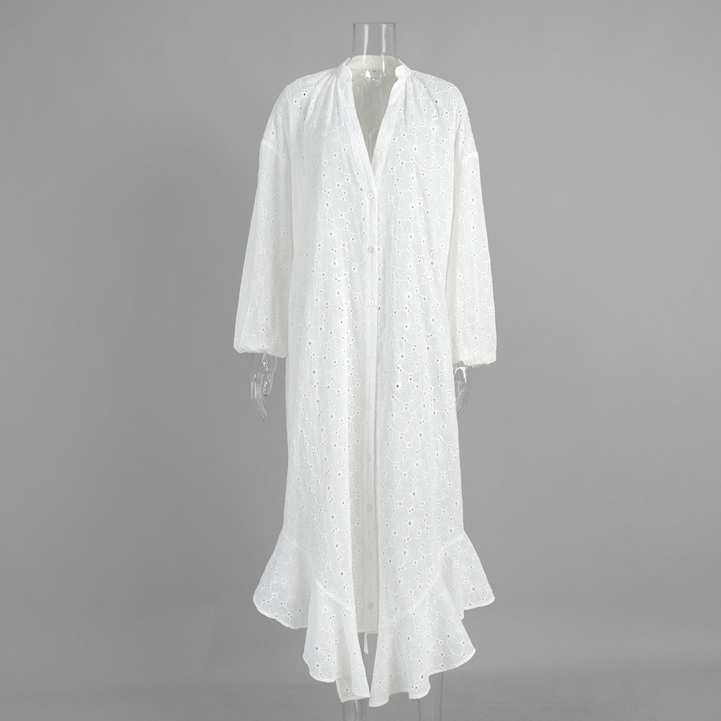 Loose-fitting, Single-breasted Embroidery Dress With Ruffled Hem