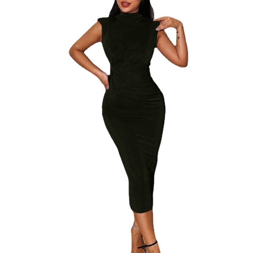 Womens Slim-Fit Half-Neck Pleated Sleeveless Dress