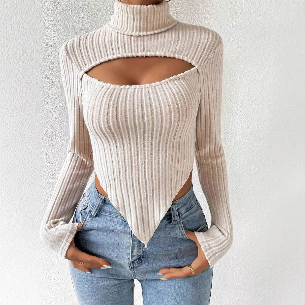 Autumn And Winter New European And American Women's Sexy Hollow-out Irregular Long-sleeved Knitted Striped Short Top