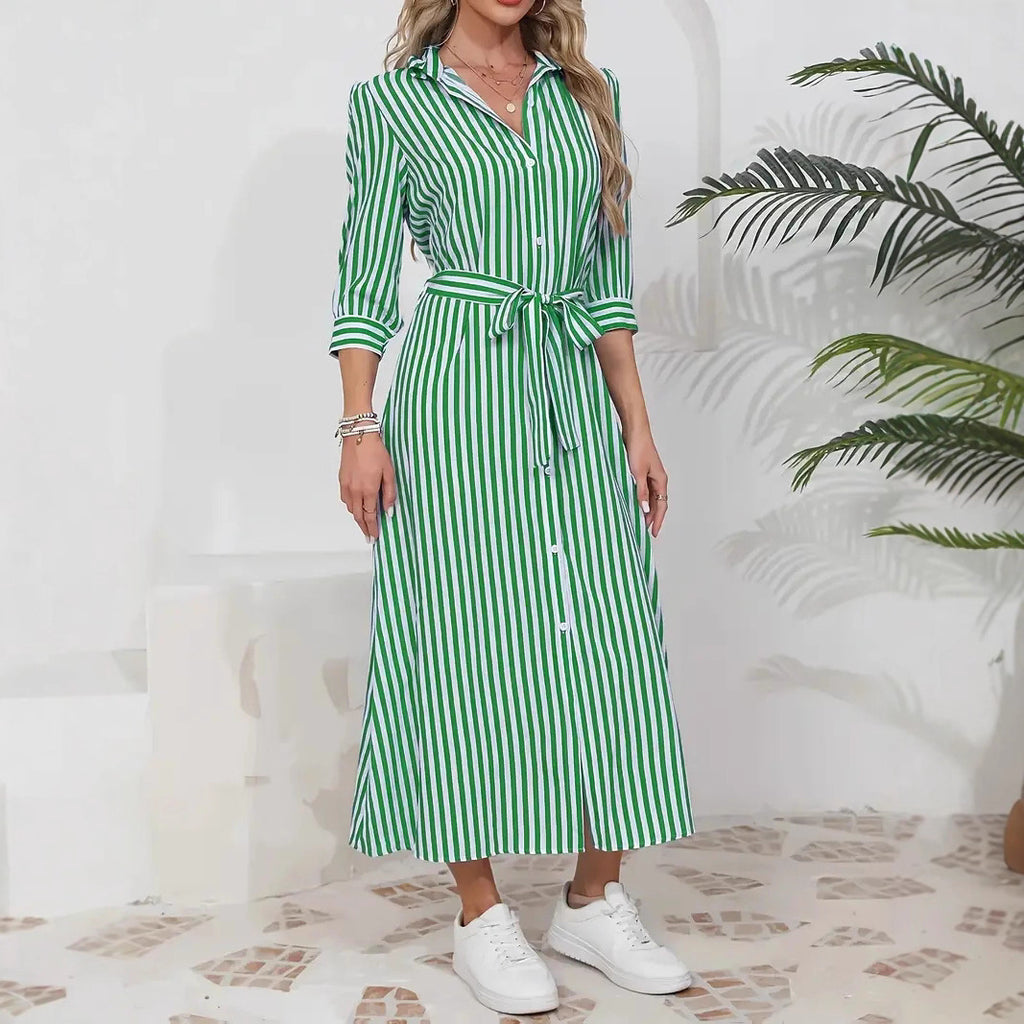 Womens Fashion Striped Cardigan Lapel Shirt Dress