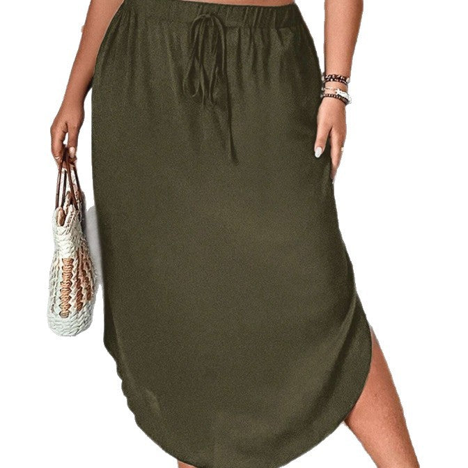 Plus-size Womens Solid-color Slim-fit Tie-front Split Skirt
