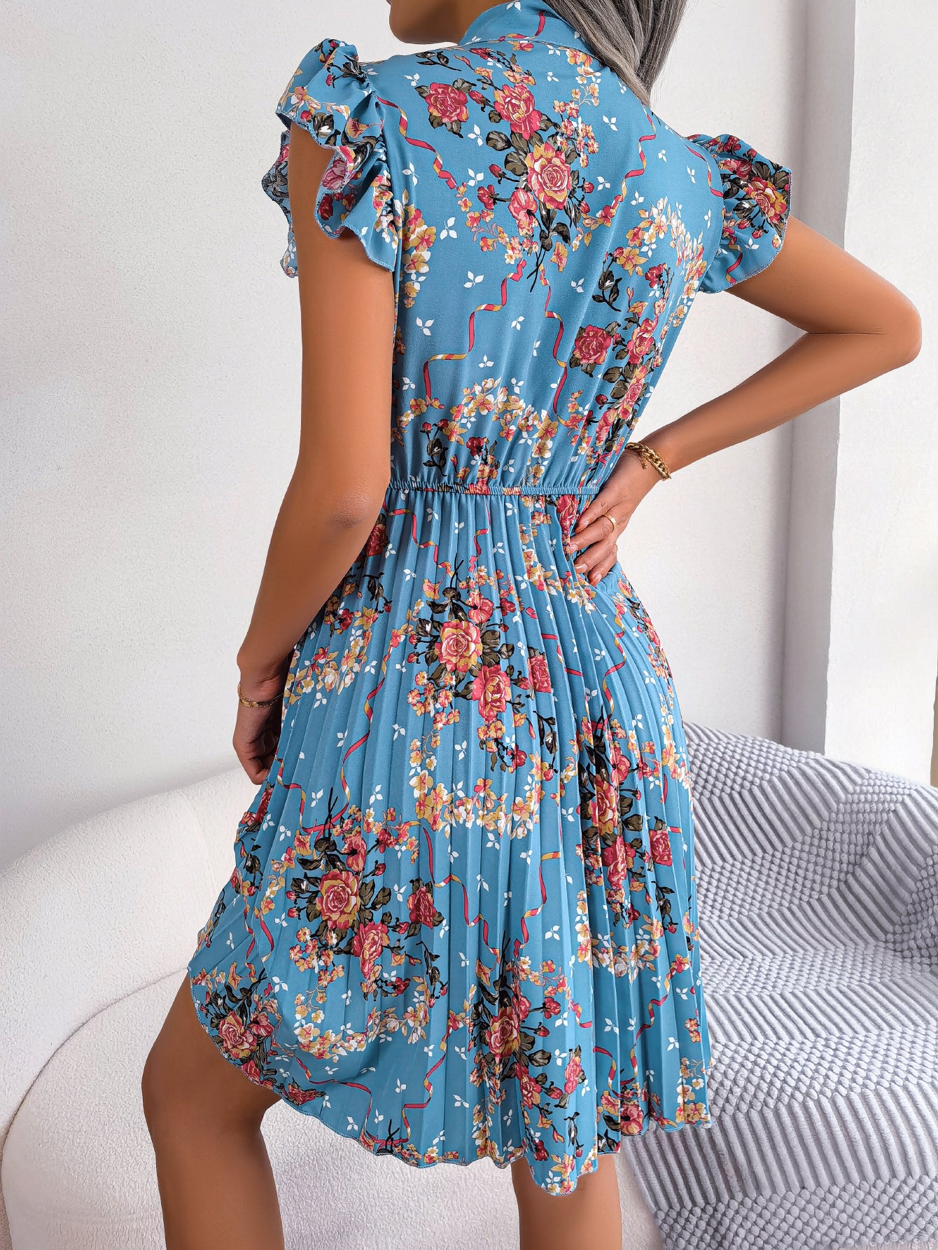 Women's Elegant Floral Print Tie Waist Flowy Pleated Skirt