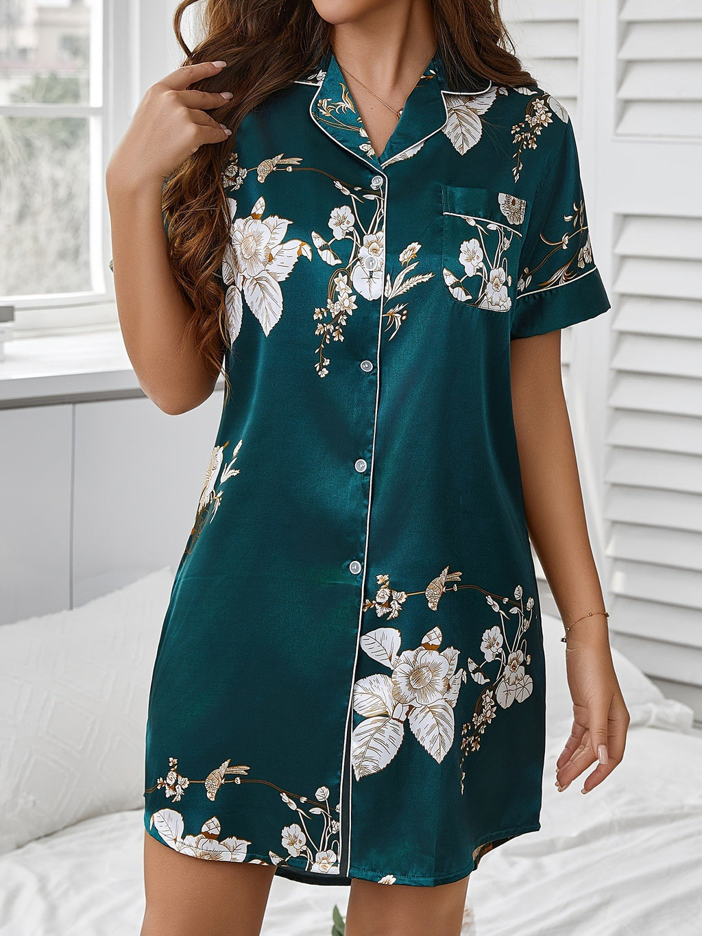 Printed Casual Shirt Dress Viscose Sleepwear Robe Lapel Collar With Short Sleeves