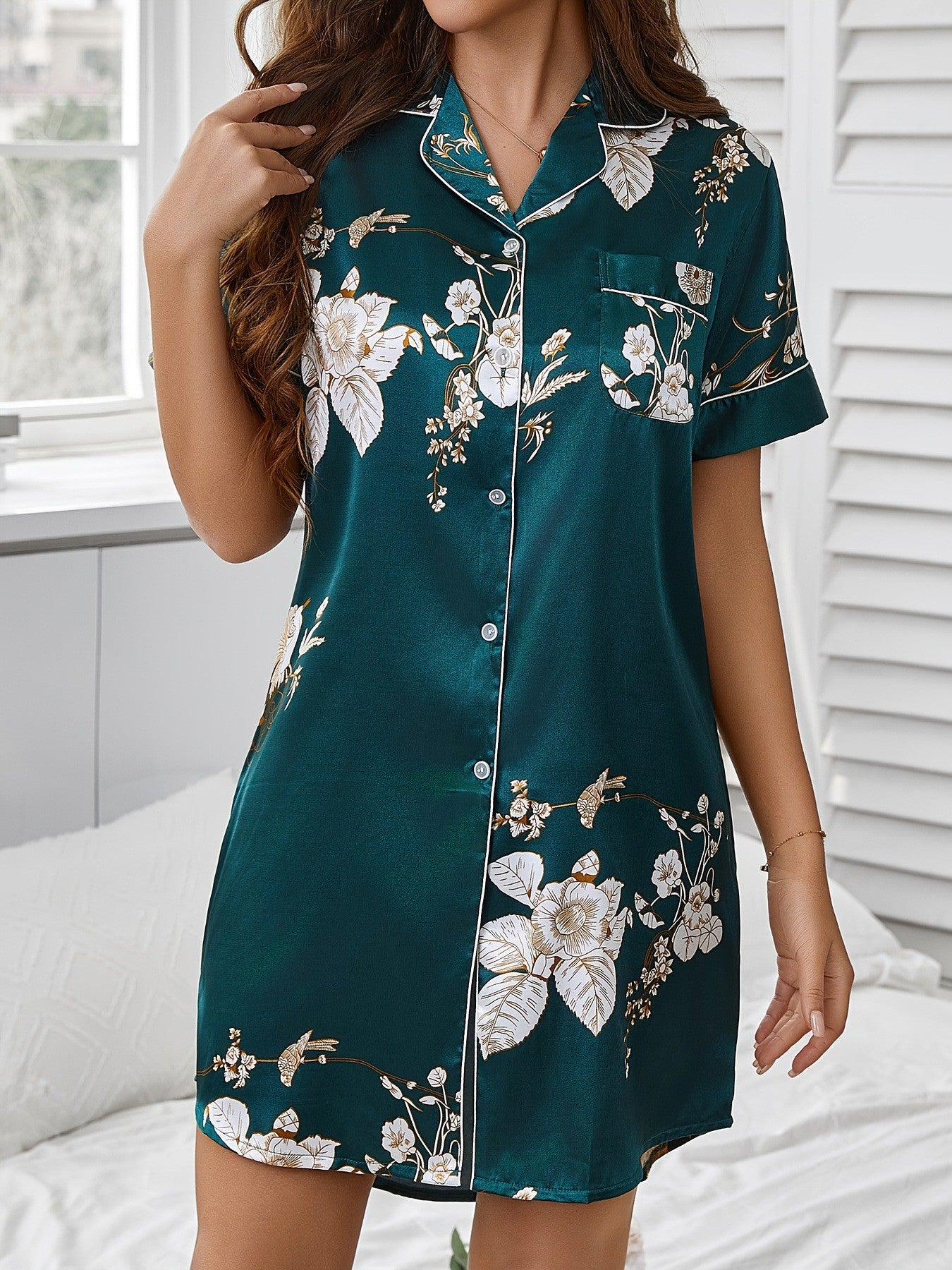 Printed Casual Shirt Dress Viscose Sleepwear Robe Lapel Collar With Short Sleeves