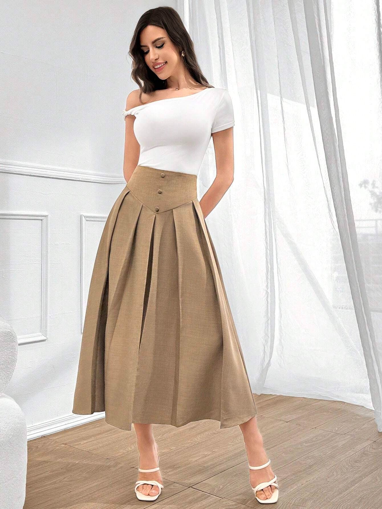 Retro Khaki-colored French-style Draped Maxi Skirt