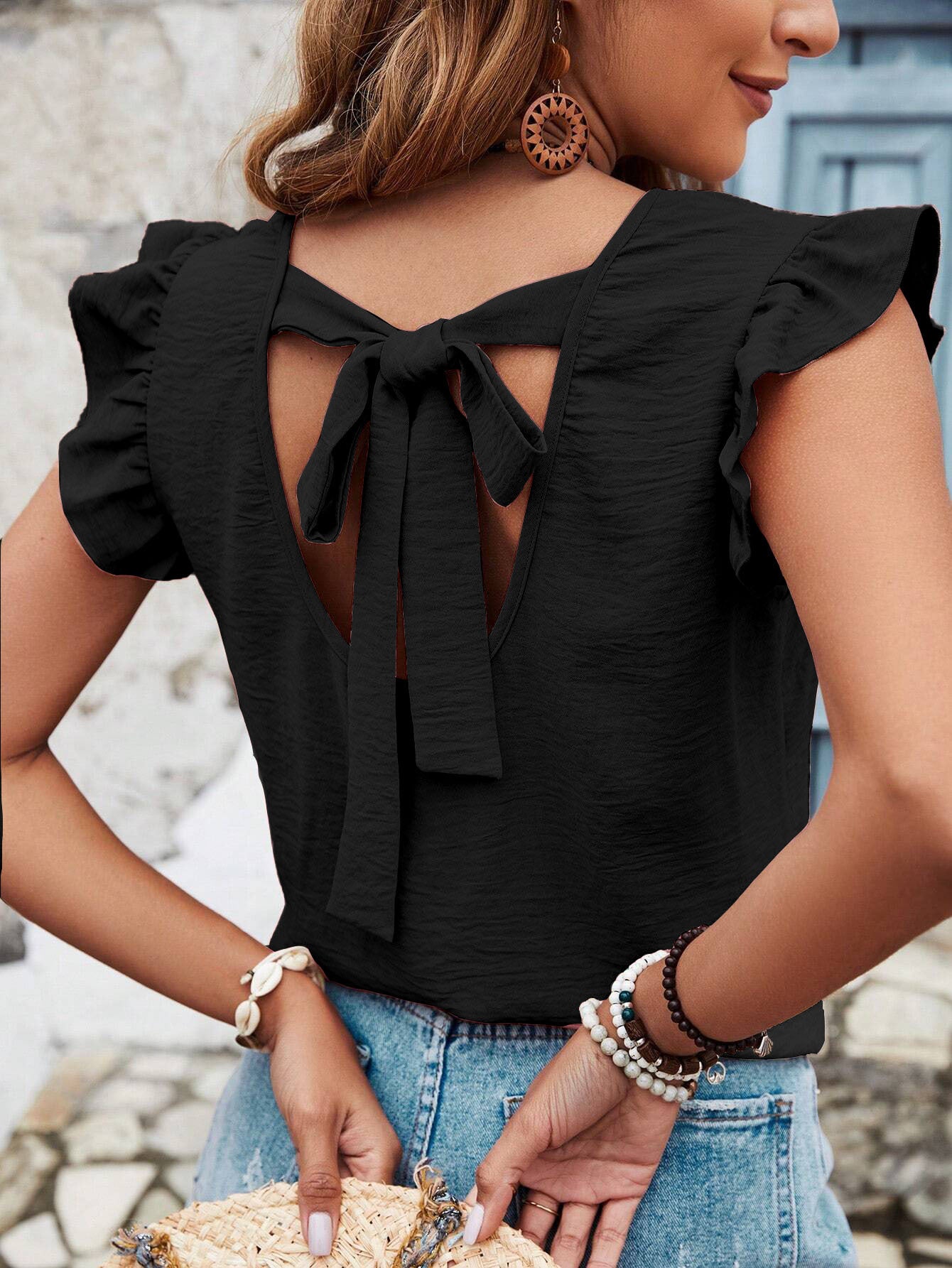 Women's Solid Color Round Neck Pullover Blouse With Ruffles